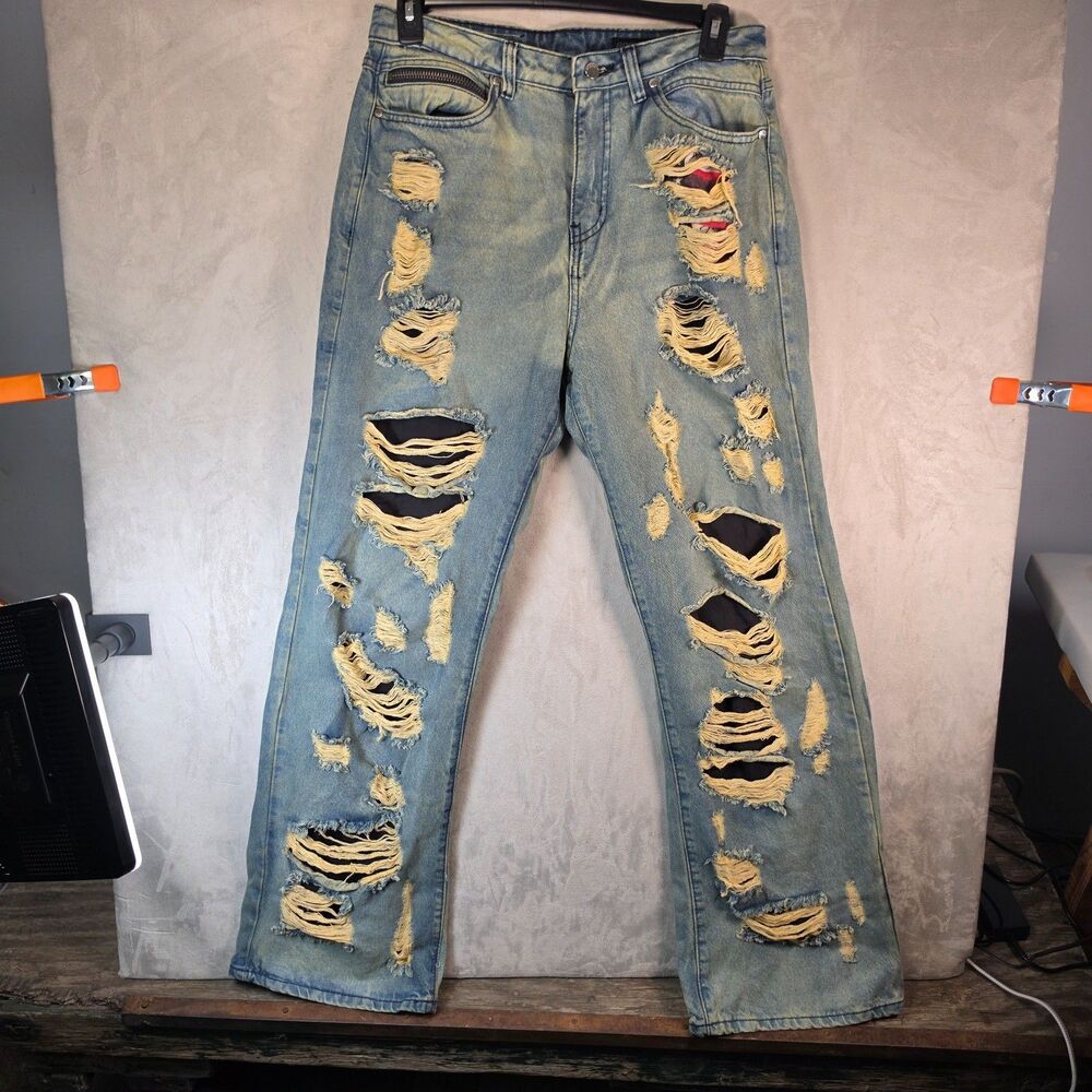 Rockstar Original Tamyra Shredded Patchwork Baggy Jeans Blue Denim 32x34